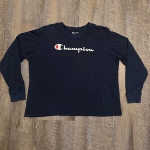 Champion Authentic Navy Blue Long Sleeve Script Logo Shirt Size L Cotton Boxy